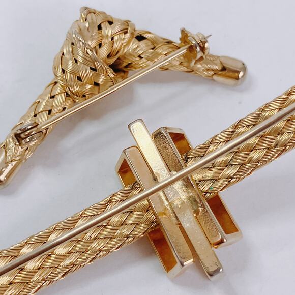 VTG Set of 2 Brooches 50s 60s Gold Tone Mesh Knot & Bar Mid Century Sculptural - Picture 12 of 12